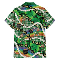 St Patrick's Day Palaka Hawaii Family Matching Off Shoulder Short Dress and Hawaiian Shirt Kukui Nut Pikake Lei Shamrock Dabbing Leprechaun