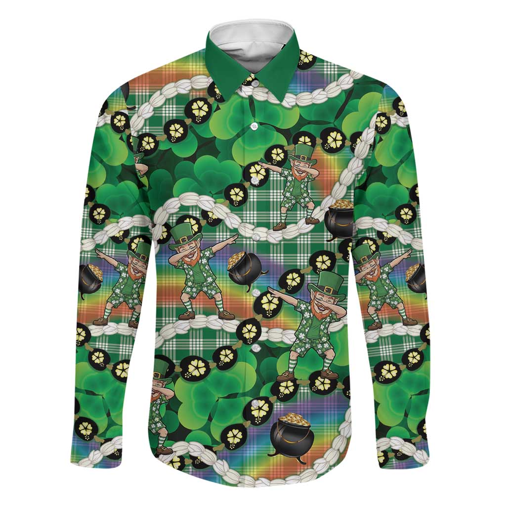 St Patrick's Day Palaka Hawaii Family Matching Off Shoulder Short Dress and Hawaiian Shirt Kukui Nut Pikake Lei Shamrock Dabbing Leprechaun