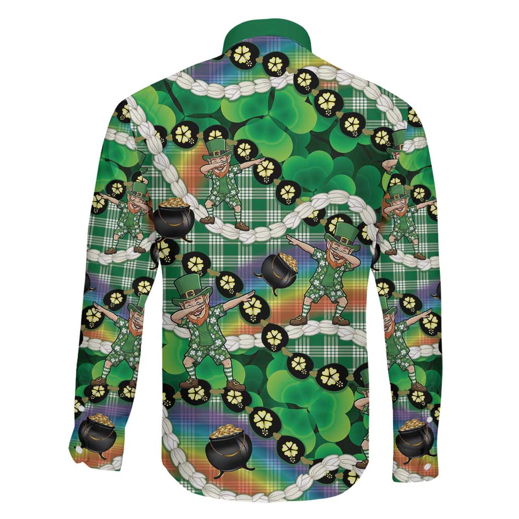 St Patrick's Day Palaka Hawaii Family Matching Off Shoulder Short Dress and Hawaiian Shirt Kukui Nut Pikake Lei Shamrock Dabbing Leprechaun