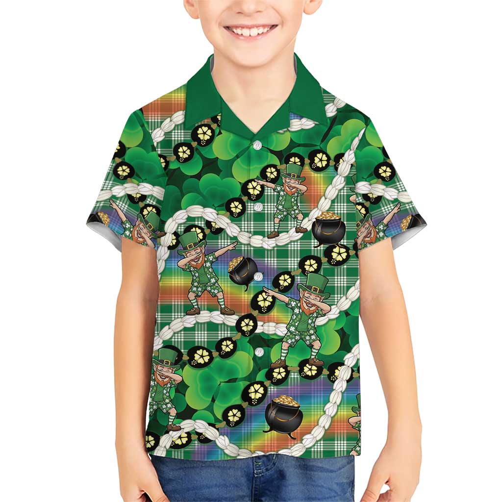 St Patrick's Day Palaka Hawaii Family Matching Off Shoulder Short Dress and Hawaiian Shirt Kukui Nut Pikake Lei Shamrock Dabbing Leprechaun