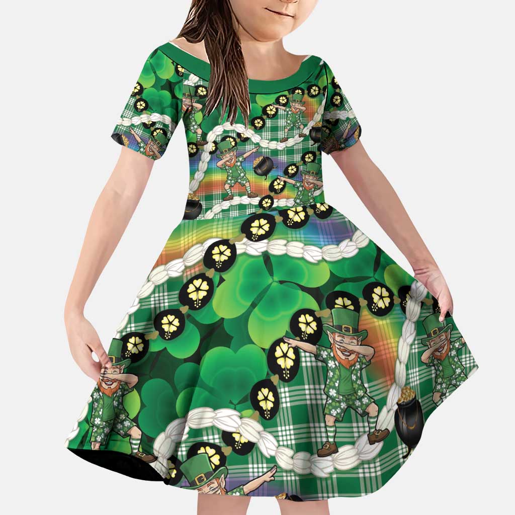 St Patrick's Day Palaka Hawaii Family Matching Tank Maxi Dress and Hawaiian Shirt Kukui Nut Pikake Lei Shamrock Dabbing Leprechaun
