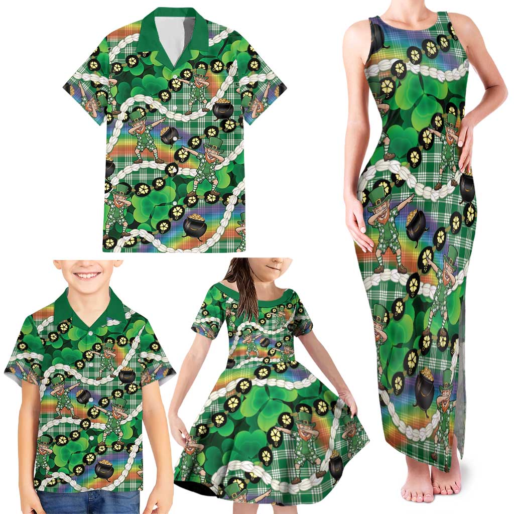 St Patrick's Day Palaka Hawaii Family Matching Tank Maxi Dress and Hawaiian Shirt Kukui Nut Pikake Lei Shamrock Dabbing Leprechaun