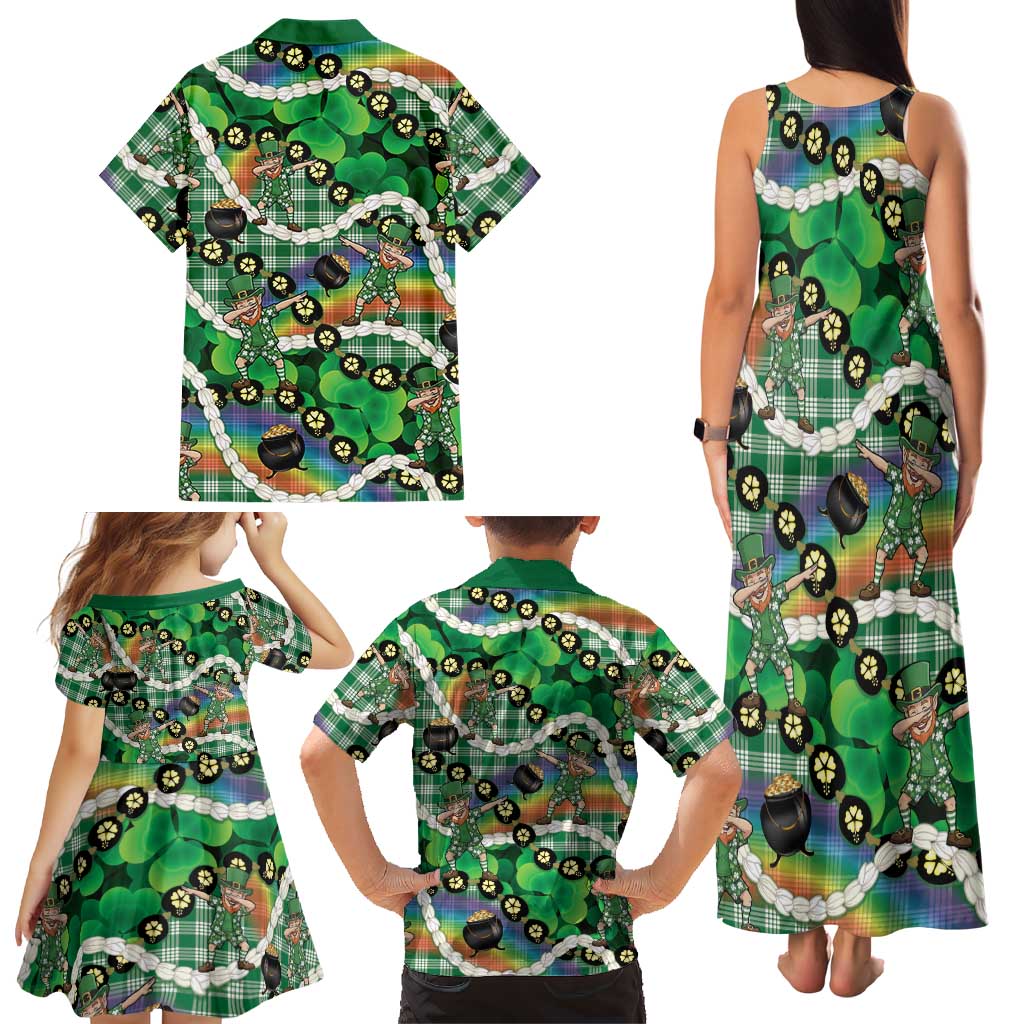 St Patrick's Day Palaka Hawaii Family Matching Tank Maxi Dress and Hawaiian Shirt Kukui Nut Pikake Lei Shamrock Dabbing Leprechaun