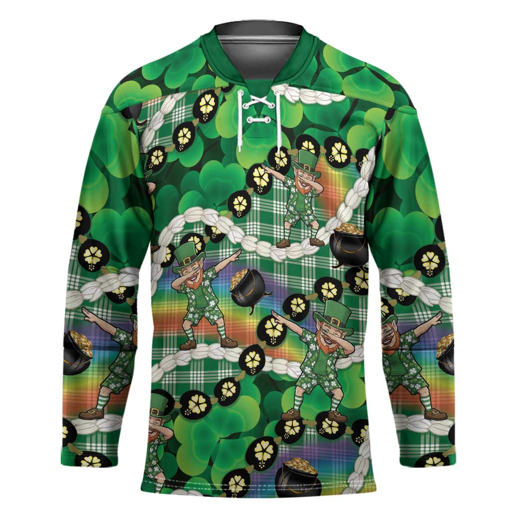 St Patrick's Day Palaka Hawaii Hockey Jersey Kukui Nut Pikake Lei Shamrock Dabbing Leprechaun LT14 Unisex Green - Polynesian Pride