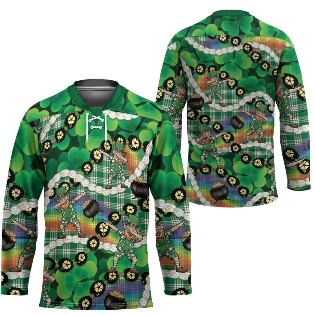 St Patrick's Day Palaka Hawaii Hockey Jersey Kukui Nut Pikake Lei Shamrock Dabbing Leprechaun LT14 - Polynesian Pride
