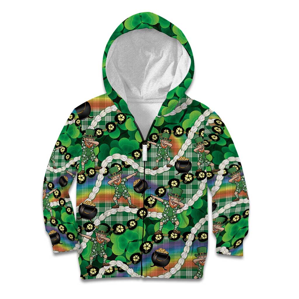St Patrick's Day Palaka Hawaii Kid Hoodie Kukui Nut Pikake Lei Shamrock Dabbing Leprechaun LT14 Zip Hoodie Green - Polynesian Pride
