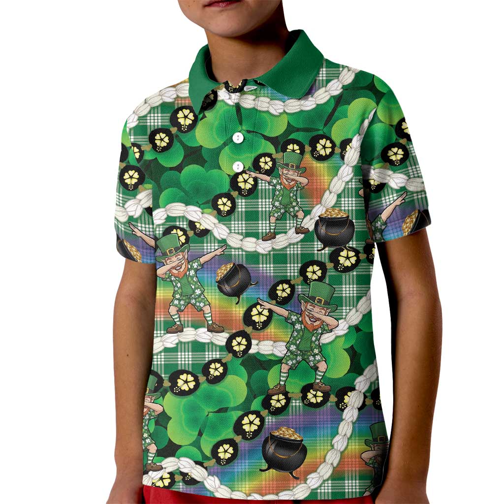St Patrick's Day Palaka Hawaii Kid Polo Shirt Kukui Nut Pikake Lei Shamrock Dabbing Leprechaun
