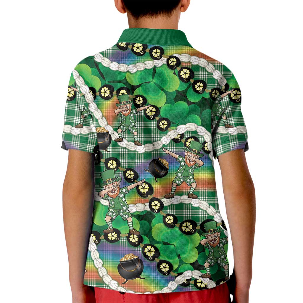 St Patrick's Day Palaka Hawaii Kid Polo Shirt Kukui Nut Pikake Lei Shamrock Dabbing Leprechaun