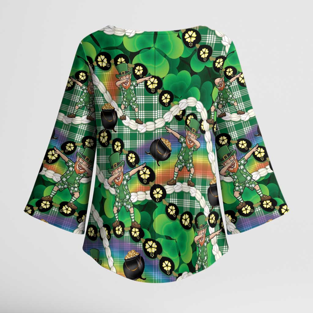 St Patrick's Day Palaka Hawaii Kimono Sleeve Blouse Kukui Nut Pikake Lei Shamrock Dabbing Leprechaun