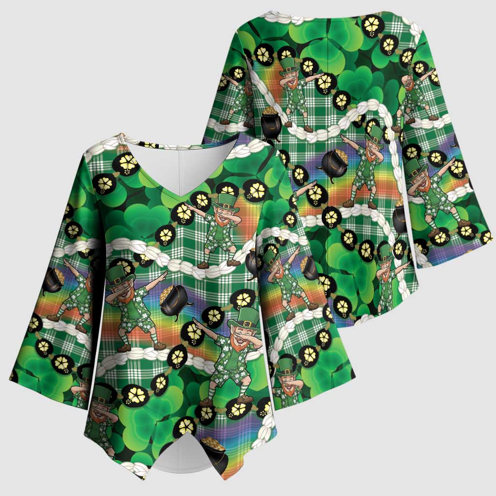 St Patrick's Day Palaka Hawaii Kimono Sleeve Blouse Kukui Nut Pikake Lei Shamrock Dabbing Leprechaun