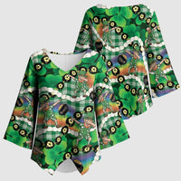 St Patrick's Day Palaka Hawaii Kimono Sleeve Blouse Kukui Nut Pikake Lei Shamrock Dabbing Leprechaun
