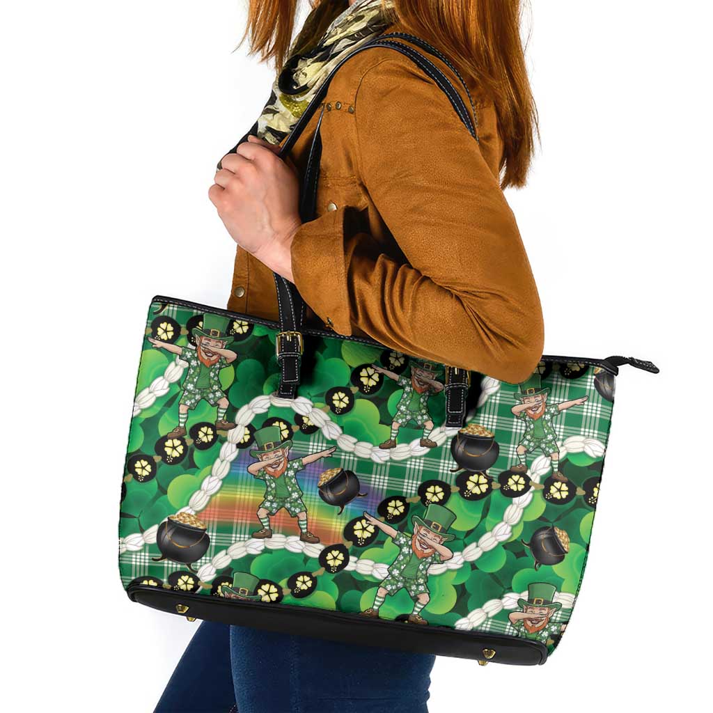 St Patrick's Day Palaka Hawaii Leather Tote Bag Kukui Nut Pikake Lei Shamrock Dabbing Leprechaun LT14 Green - Polynesian Pride