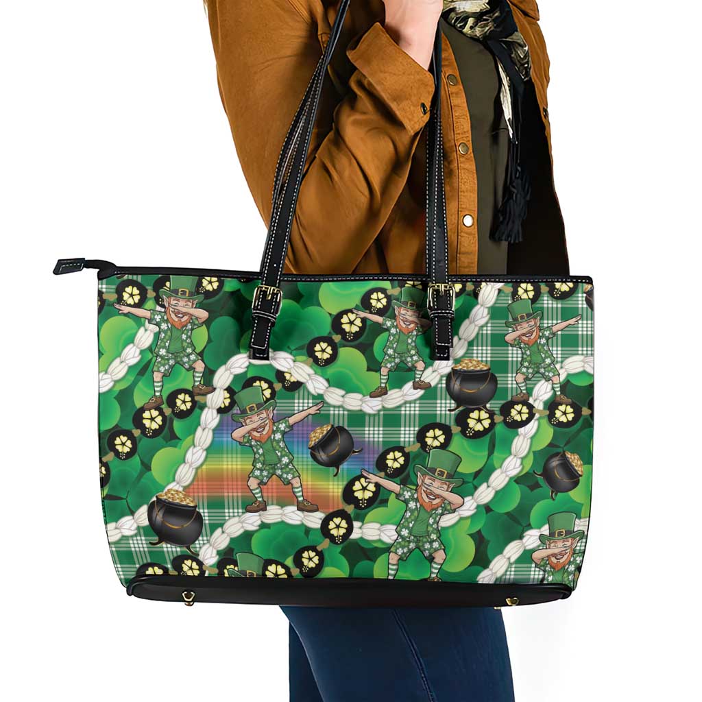 St Patrick's Day Palaka Hawaii Leather Tote Bag Kukui Nut Pikake Lei Shamrock Dabbing Leprechaun LT14 - Polynesian Pride