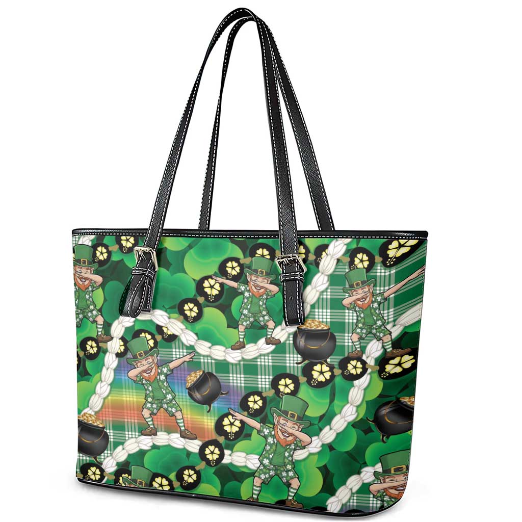 St Patrick's Day Palaka Hawaii Leather Tote Bag Kukui Nut Pikake Lei Shamrock Dabbing Leprechaun LT14 - Polynesian Pride