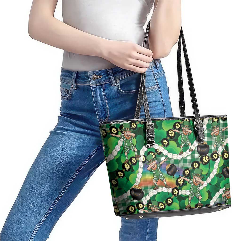 St Patrick's Day Palaka Hawaii Leather Tote Bag Kukui Nut Pikake Lei Shamrock Dabbing Leprechaun LT14 - Polynesian Pride