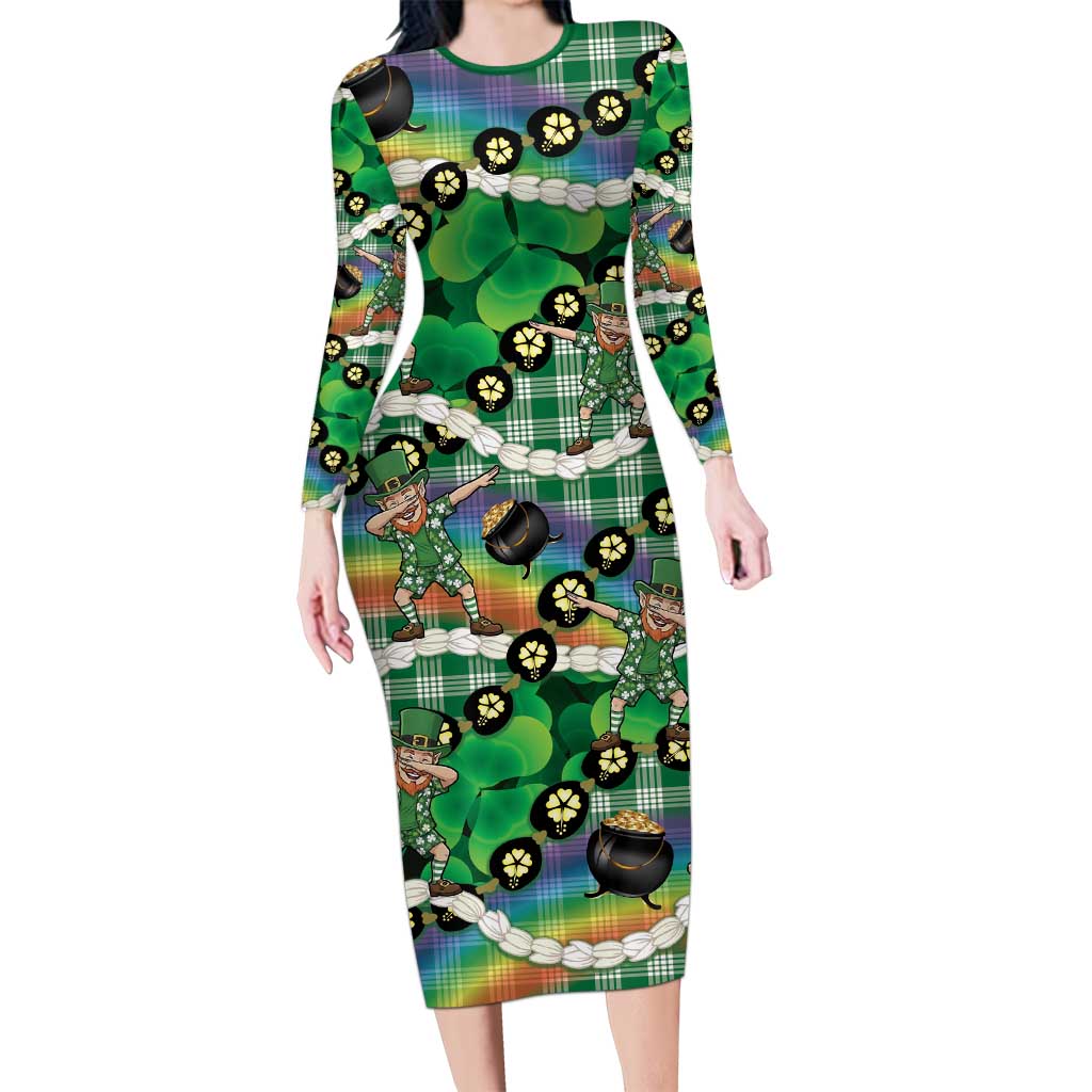 St Patrick's Day Palaka Hawaii Long Sleeve Bodycon Dress Kukui Nut Pikake Lei Shamrock Dabbing Leprechaun LT14 Long Dress Green - Polynesian Pride