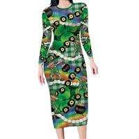 St Patrick's Day Palaka Hawaii Long Sleeve Bodycon Dress Kukui Nut Pikake Lei Shamrock Dabbing Leprechaun LT14 Long Dress Green - Polynesian Pride