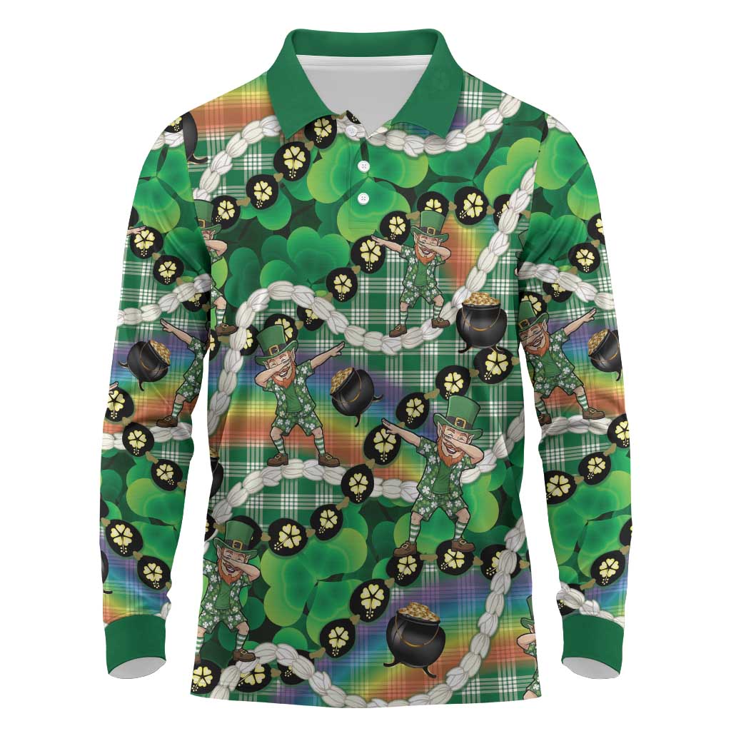 St Patrick's Day Palaka Hawaii Long Sleeve Polo Shirt Kukui Nut Pikake Lei Shamrock Dabbing Leprechaun