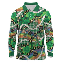 St Patrick's Day Palaka Hawaii Long Sleeve Polo Shirt Kukui Nut Pikake Lei Shamrock Dabbing Leprechaun