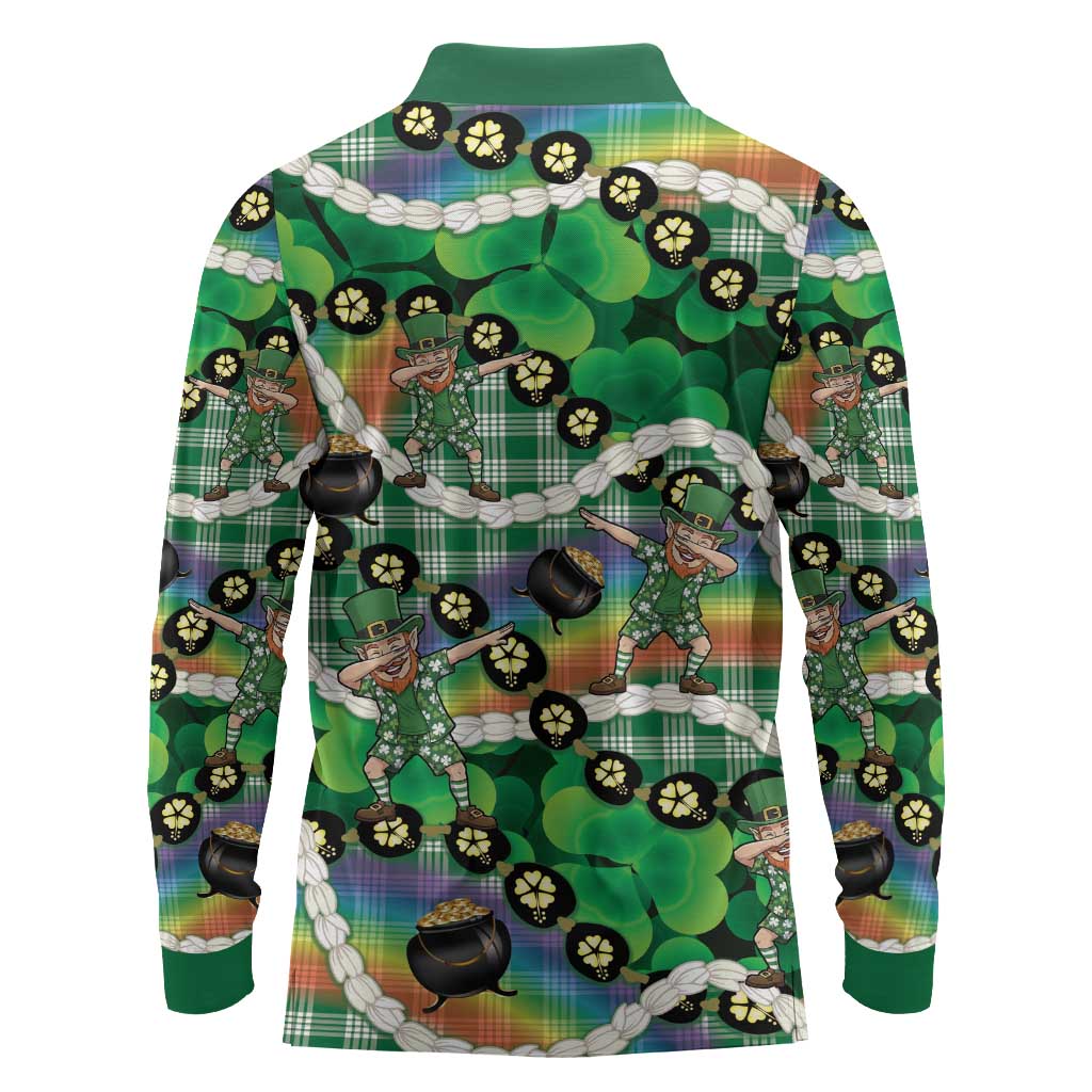 St Patrick's Day Palaka Hawaii Long Sleeve Polo Shirt Kukui Nut Pikake Lei Shamrock Dabbing Leprechaun