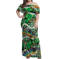 St Patrick's Day Palaka Hawaii Off Shoulder Maxi Dress Kukui Nut Pikake Lei Shamrock Dabbing Leprechaun LT14 Women Green - Polynesian Pride