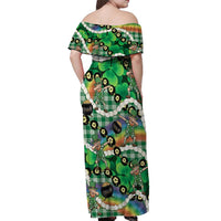 St Patrick's Day Palaka Hawaii Off Shoulder Maxi Dress Kukui Nut Pikake Lei Shamrock Dabbing Leprechaun LT14 - Polynesian Pride