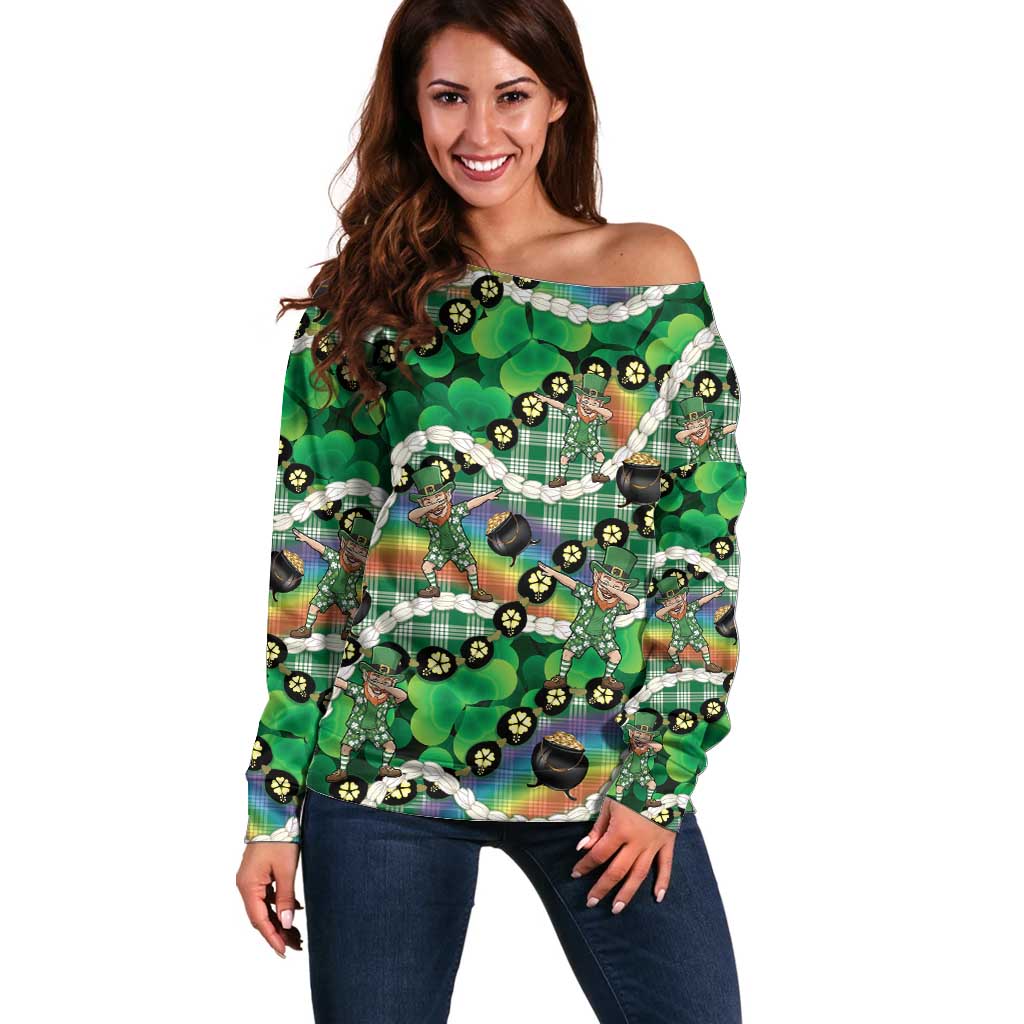 St Patrick's Day Palaka Hawaii Off Shoulder Sweater Kukui Nut Pikake Lei Shamrock Dabbing Leprechaun LT14 Women Green - Polynesian Pride