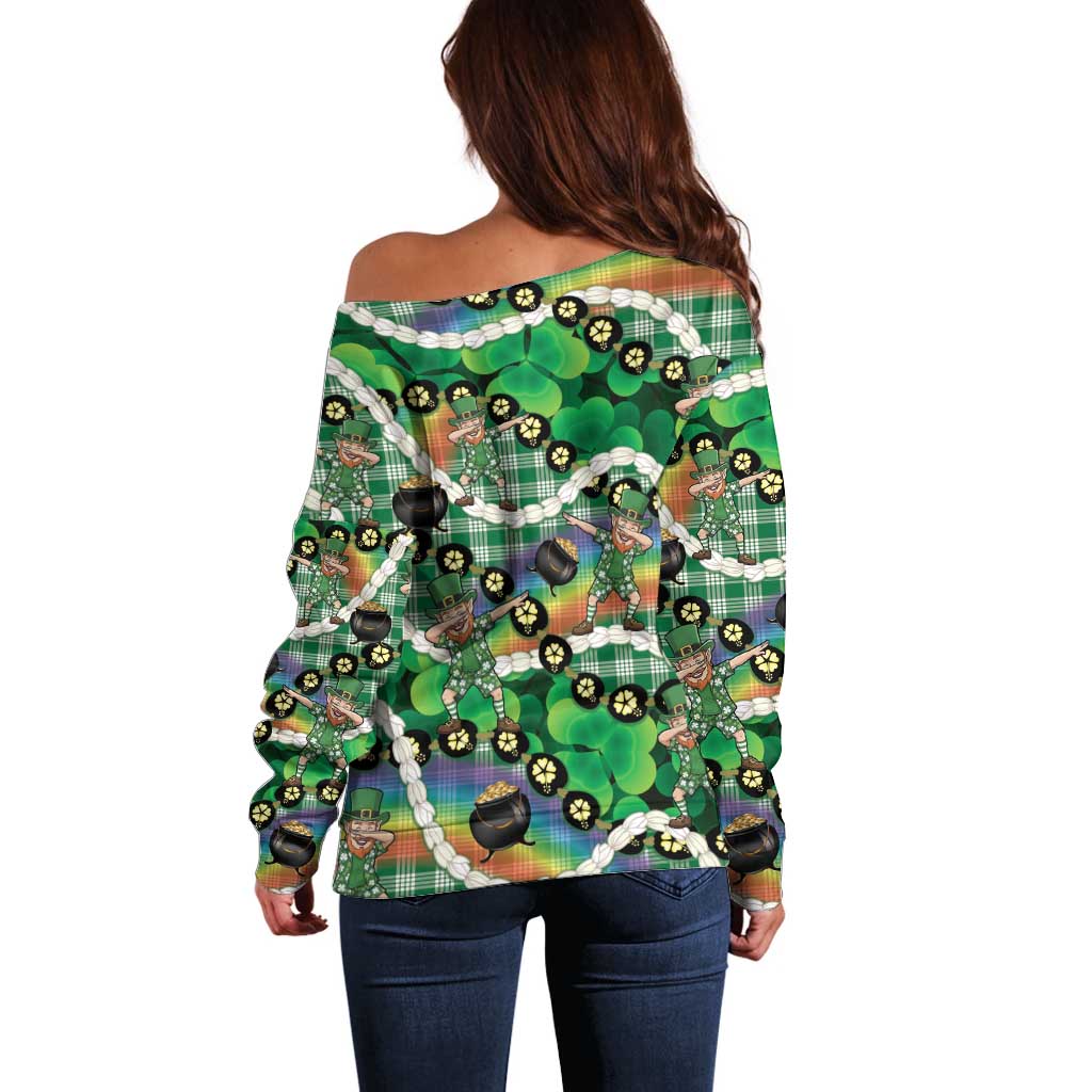 St Patrick's Day Palaka Hawaii Off Shoulder Sweater Kukui Nut Pikake Lei Shamrock Dabbing Leprechaun LT14 - Polynesian Pride