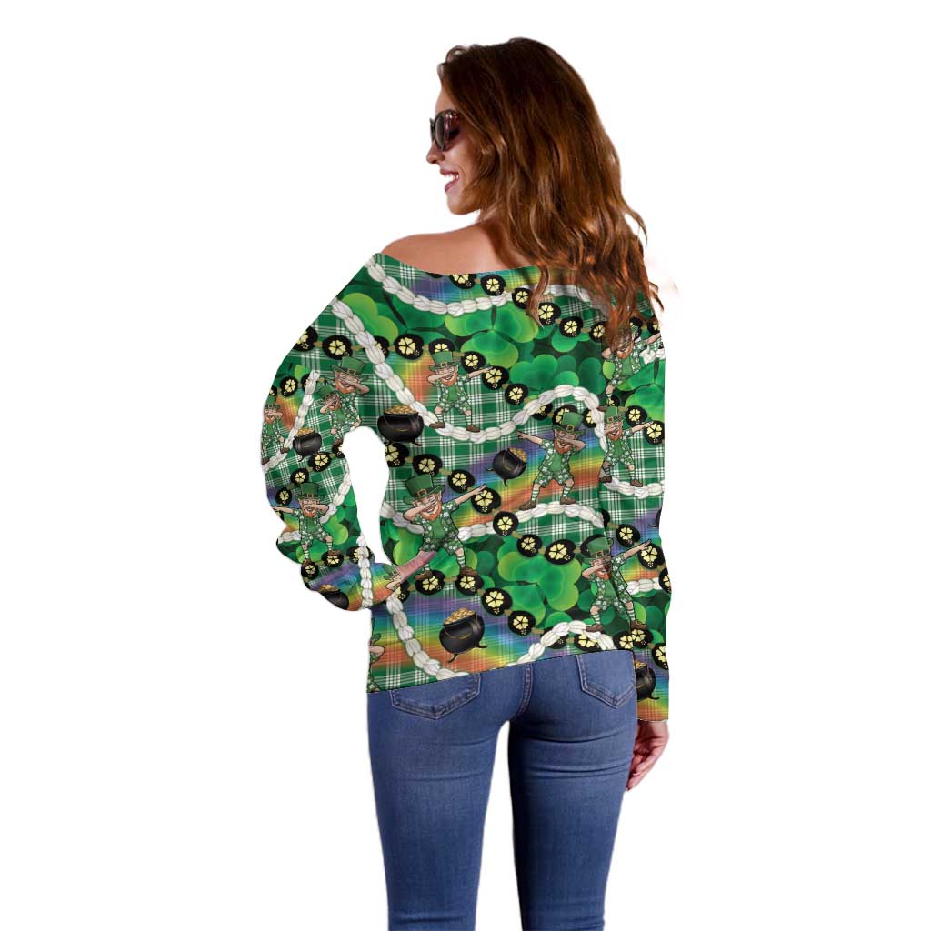 St Patrick's Day Palaka Hawaii Off Shoulder Sweater Kukui Nut Pikake Lei Shamrock Dabbing Leprechaun LT14 - Polynesian Pride