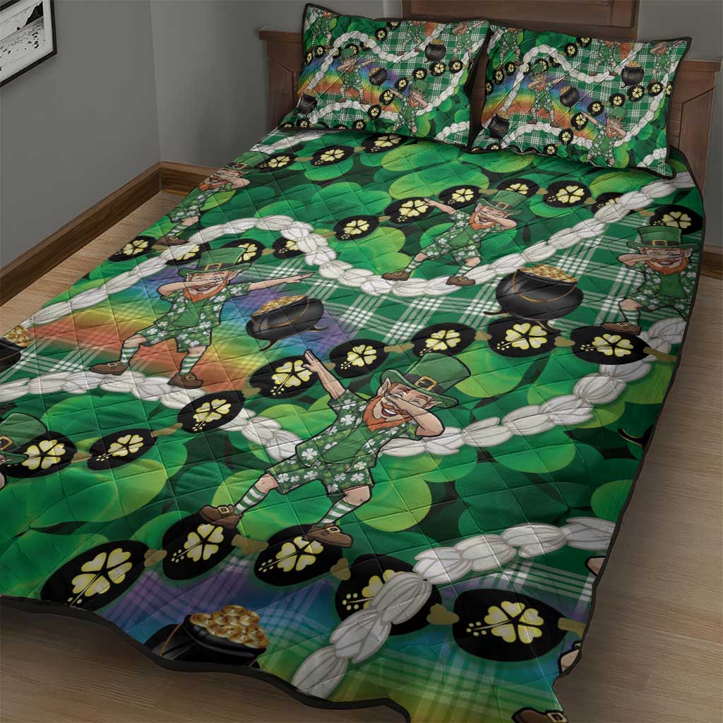 St Patrick's Day Palaka Hawaii Quilt Bed Set Kukui Nut Pikake Lei Shamrock Dabbing Leprechaun