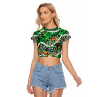St Patrick's Day Palaka Hawaii Raglan Cropped T Shirt Kukui Nut Pikake Lei Shamrock Dabbing Leprechaun LT14 Female Green - Polynesian Pride