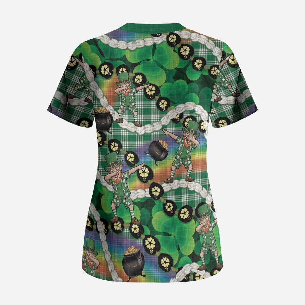 St Patrick's Day Palaka Hawaii Scrub Top Kukui Nut Pikake Lei Shamrock Dabbing Leprechaun LT14 - Polynesian Pride