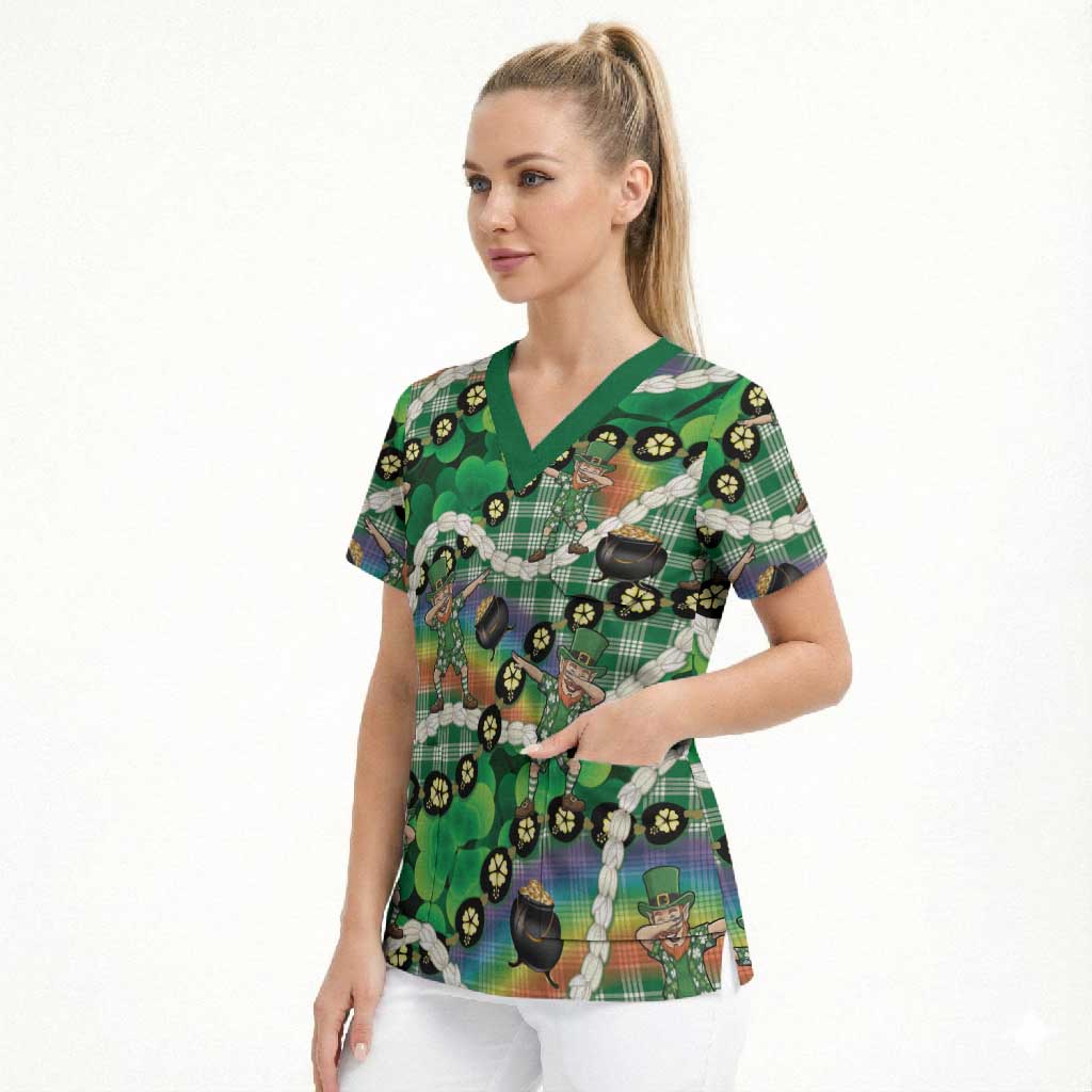 St Patrick's Day Palaka Hawaii Scrub Top Kukui Nut Pikake Lei Shamrock Dabbing Leprechaun LT14 - Polynesian Pride