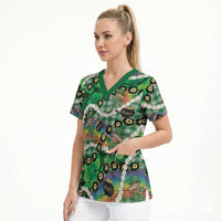St Patrick's Day Palaka Hawaii Scrub Top Kukui Nut Pikake Lei Shamrock Dabbing Leprechaun LT14 - Polynesian Pride