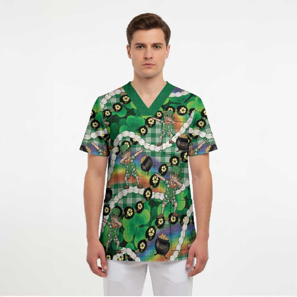 St Patrick's Day Palaka Hawaii Scrub Top Kukui Nut Pikake Lei Shamrock Dabbing Leprechaun LT14 - Polynesian Pride