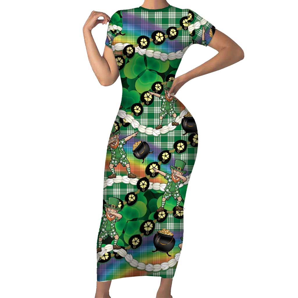 St Patrick's Day Palaka Hawaii Short Sleeve Bodycon Dress Kukui Nut Pikake Lei Shamrock Dabbing Leprechaun LT14 Long Dress Green - Polynesian Pride