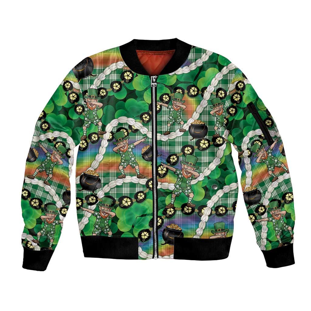 St Patrick's Day Palaka Hawaii Sleeve Zip Bomber Jacket Kukui Nut Pikake Lei Shamrock Dabbing Leprechaun LT14 Unisex Green - Polynesian Pride