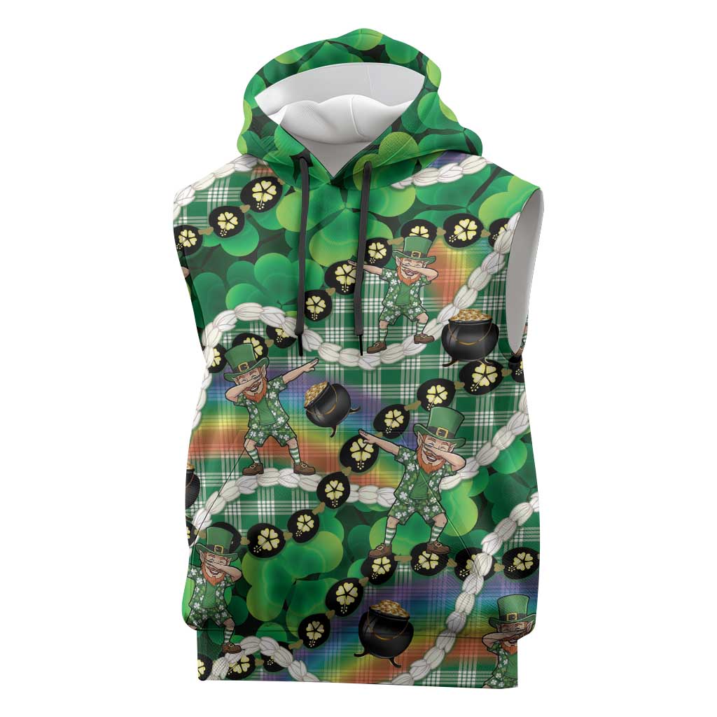 St Patrick's Day Palaka Hawaii Sleeveless Hoodie Kukui Nut Pikake Lei Shamrock Dabbing Leprechaun LT14 Green - Polynesian Pride