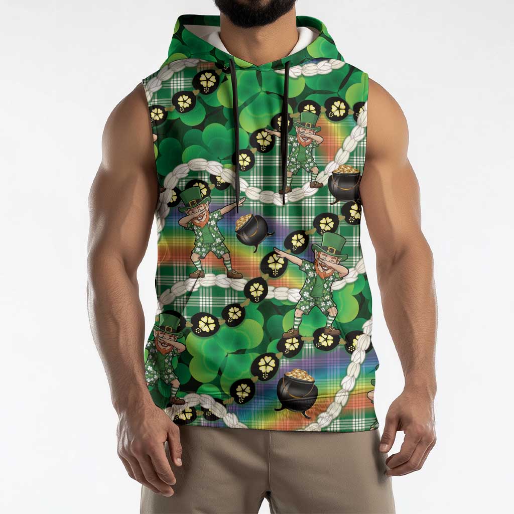 St Patrick's Day Palaka Hawaii Sleeveless Hoodie Kukui Nut Pikake Lei Shamrock Dabbing Leprechaun LT14 - Polynesian Pride
