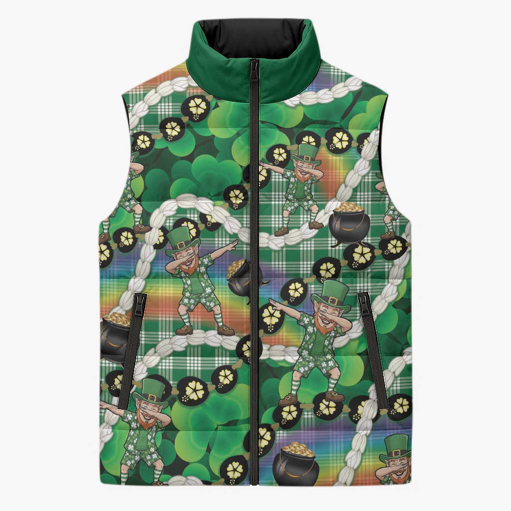 St Patrick's Day Palaka Hawaii Sleeveless Puffer Jacket Kukui Nut Pikake Lei Shamrock Dabbing Leprechaun LT14 Unisex Green - Polynesian Pride