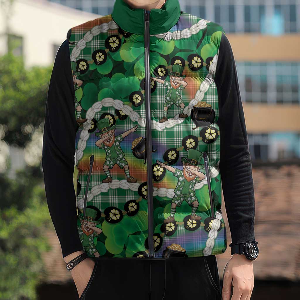 St Patrick's Day Palaka Hawaii Sleeveless Puffer Jacket Kukui Nut Pikake Lei Shamrock Dabbing Leprechaun LT14 - Polynesian Pride