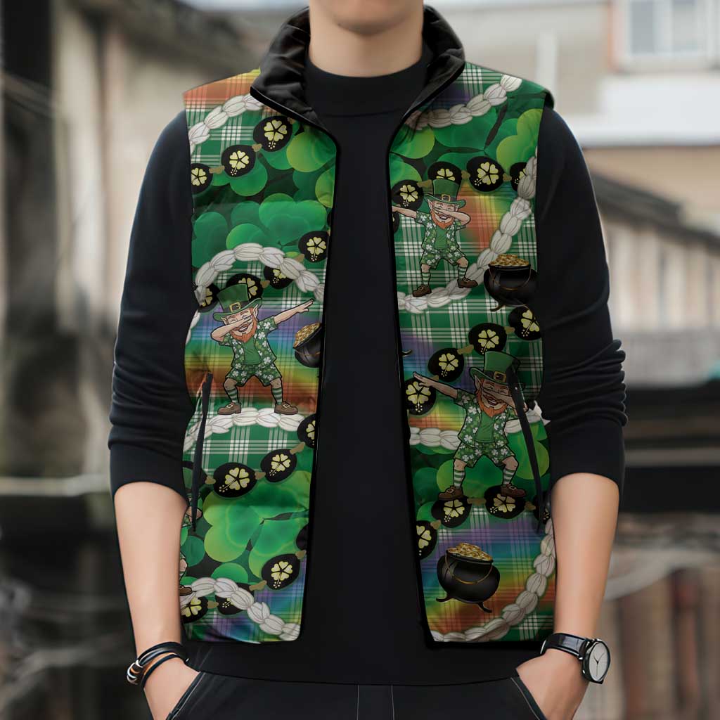 St Patrick's Day Palaka Hawaii Sleeveless Puffer Jacket Kukui Nut Pikake Lei Shamrock Dabbing Leprechaun LT14 - Polynesian Pride