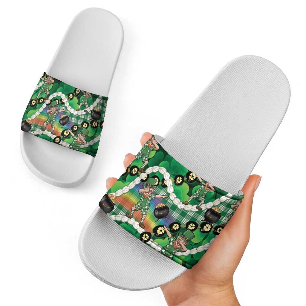 St Patrick's Day Palaka Hawaii Slide Sandals Kukui Nut Pikake Lei Shamrock Dabbing Leprechaun LT14 - Polynesian Pride