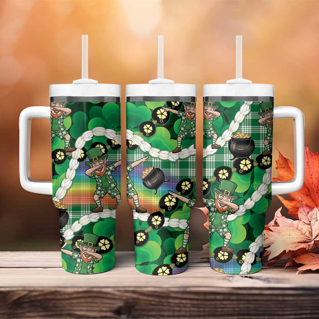 St Patrick's Day Palaka Hawaii Tumbler With Handle Kukui Nut Pikake Lei Shamrock Dabbing Leprechaun LT14 - Polynesian Pride