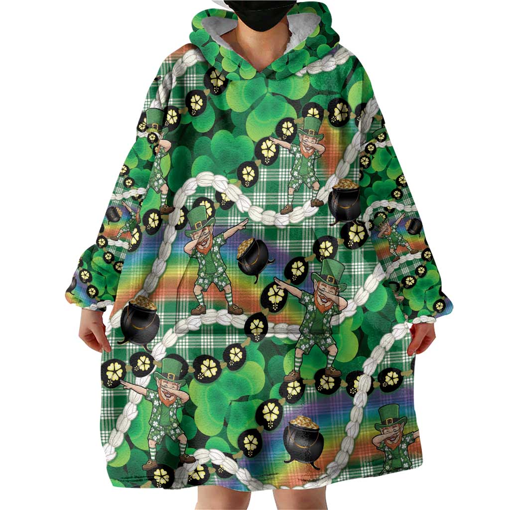 St Patrick's Day Palaka Hawaii Wearable Blanket Hoodie Kukui Nut Pikake Lei Shamrock Dabbing Leprechaun LT14 - Polynesian Pride