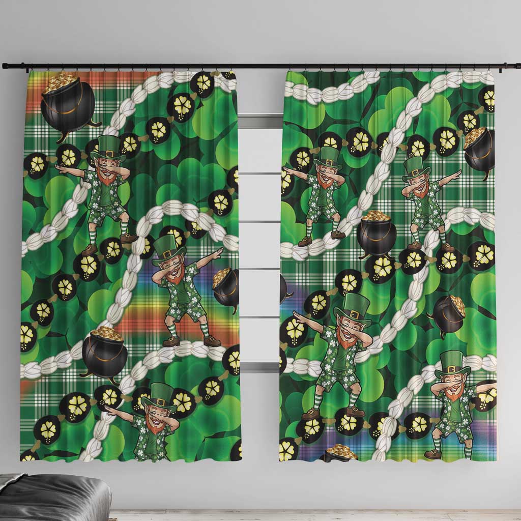 St Patrick's Day Palaka Hawaii Window Curtain Kukui Nut Pikake Lei Shamrock Dabbing Leprechaun LT14 With Hooks Green - Polynesian Pride