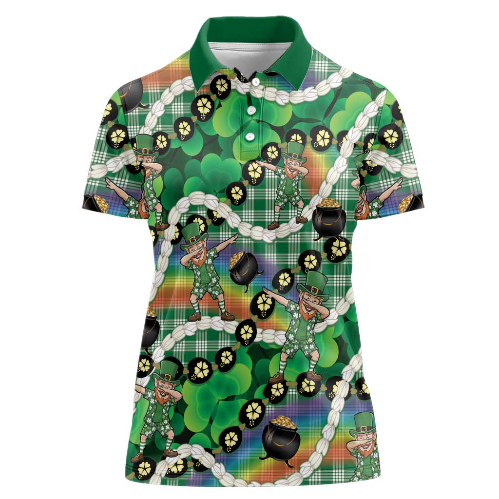 St Patrick's Day Palaka Hawaii Women Polo Shirt Kukui Nut Pikake Lei Shamrock Dabbing Leprechaun LT14 Female Green - Polynesian Pride