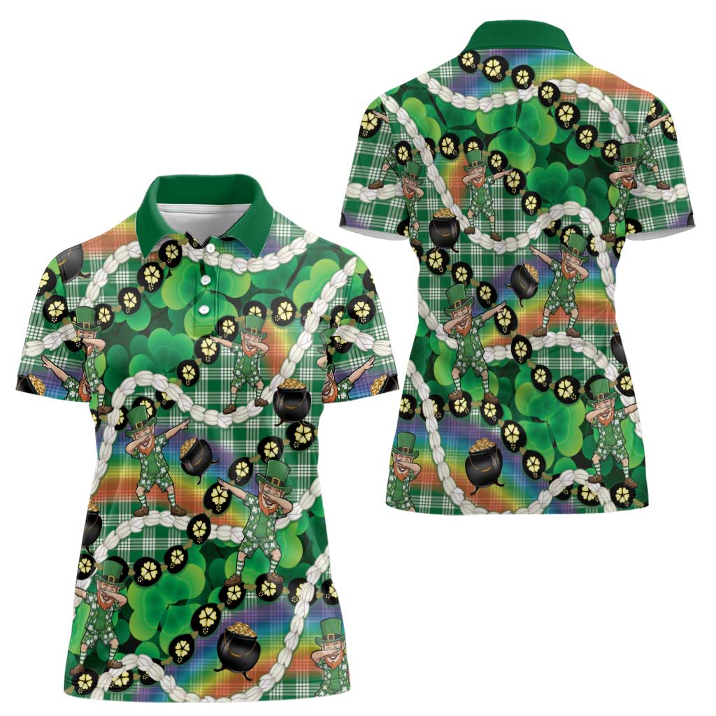St Patrick's Day Palaka Hawaii Women Polo Shirt Kukui Nut Pikake Lei Shamrock Dabbing Leprechaun LT14 - Polynesian Pride
