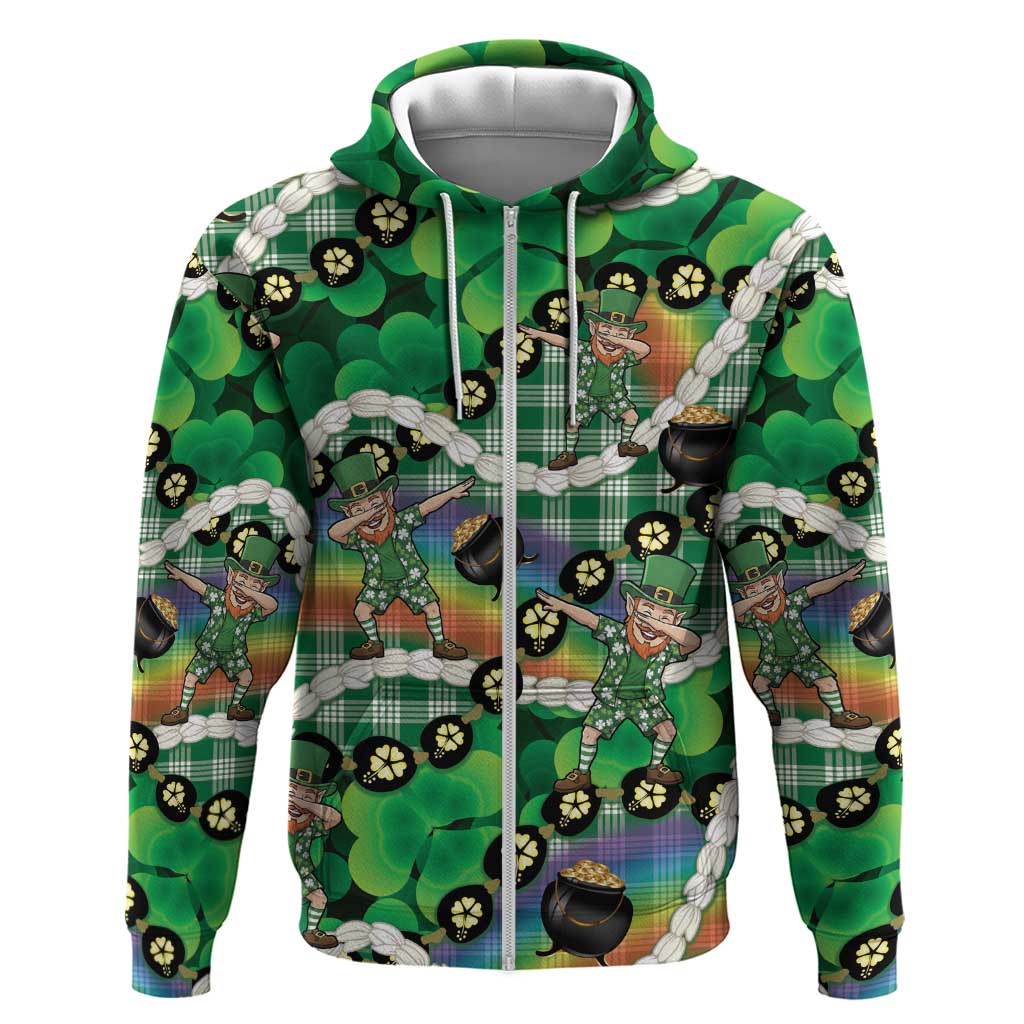 St Patrick's Day Palaka Hawaii Zip Hoodie Kukui Nut Pikake Lei Shamrock Dabbing Leprechaun LT14 Zip Hoodie Green - Polynesian Pride