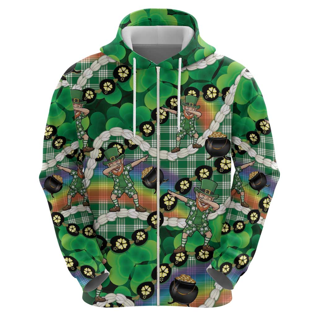 St Patrick's Day Palaka Hawaii Zip Hoodie Kukui Nut Pikake Lei Shamrock Dabbing Leprechaun LT14 - Polynesian Pride